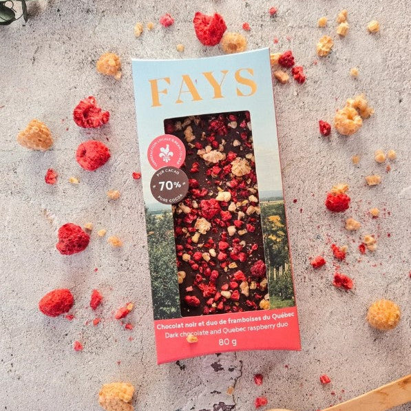 Tablette chocolat noir et duo de framboises du Québec
