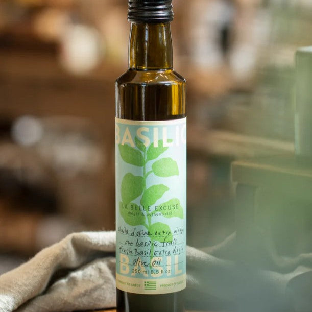 Huile d'olive verte au basilic